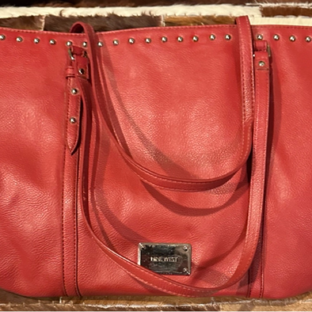 Nine West Red Leather, Silver Studded, Shoulder Bag/Purse